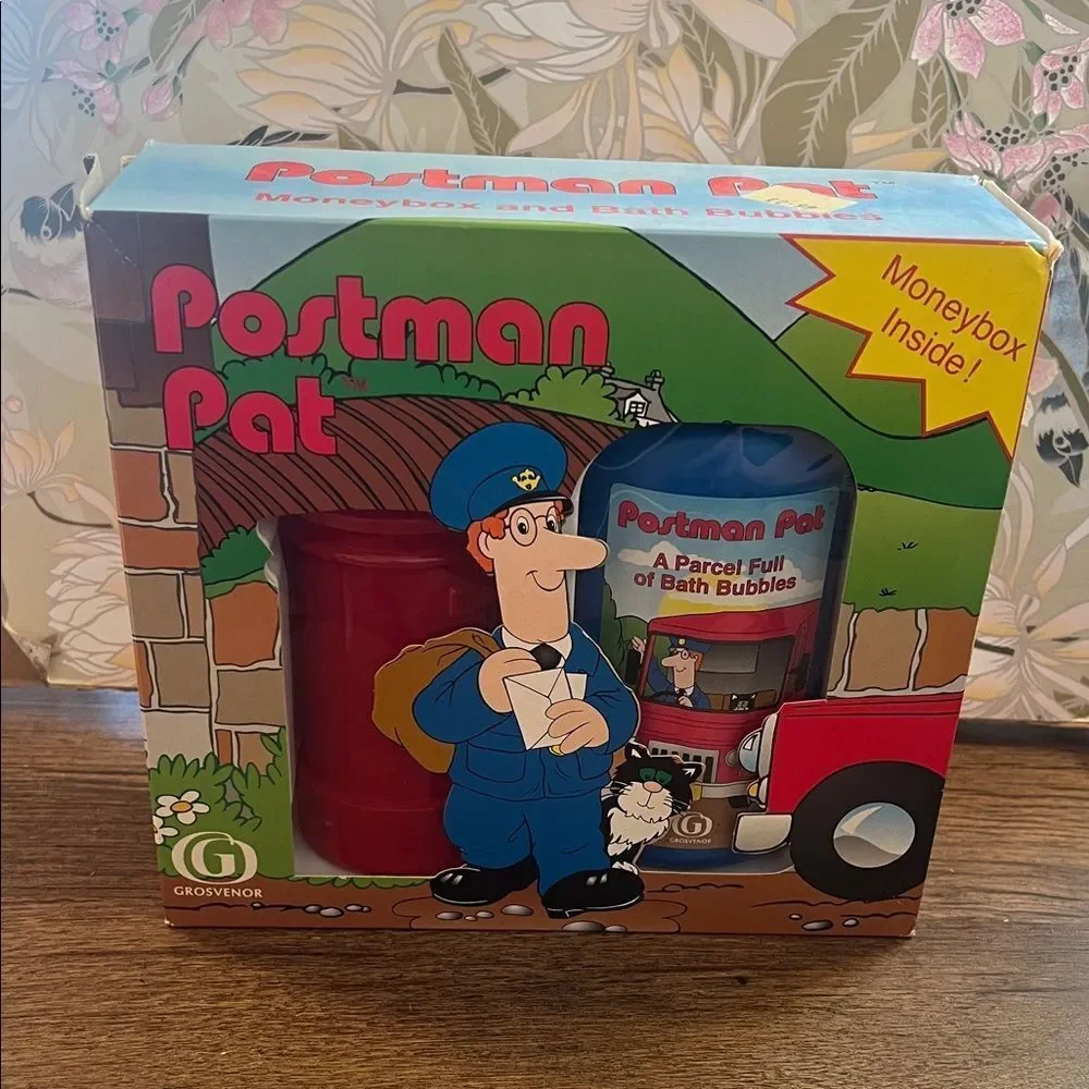 Vintage Postman Pat Moneybox and Bath Bubbles Set